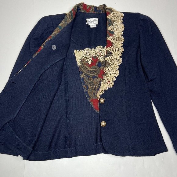 Vtg Jeffrey and Dara Women's Sz 9/10 Blue and Paisley Blazer Jacket Lace Collar - Picture 9 of 12